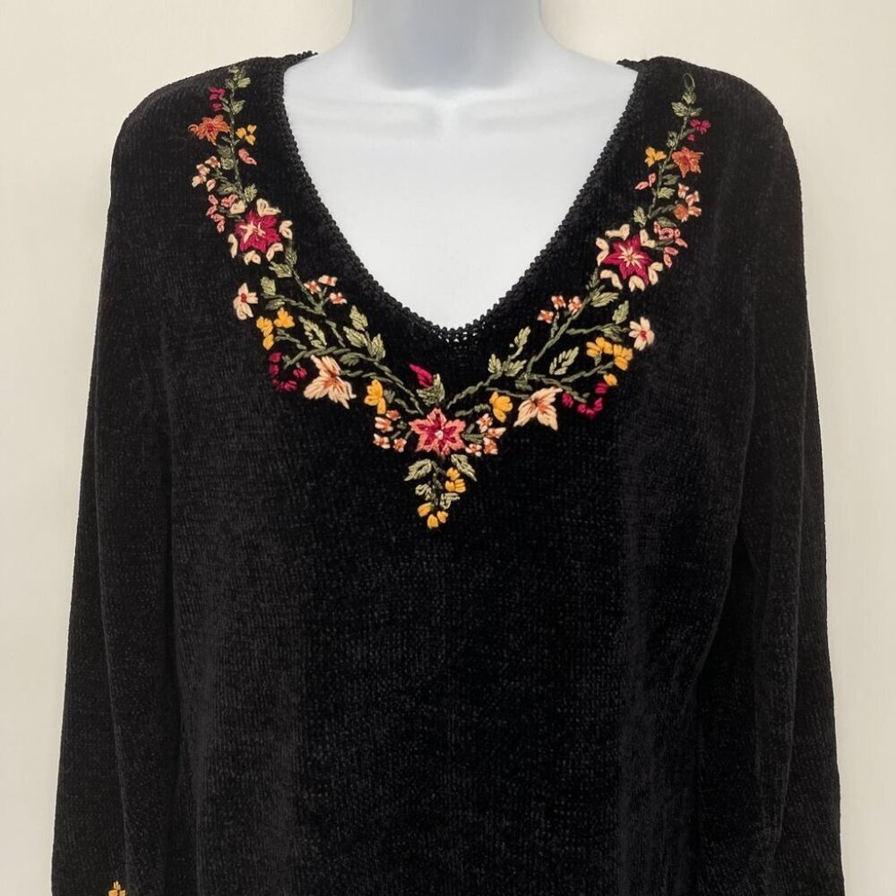 Vintage Velvet Floral Embroidered Sweater V Neck Top Blouse Long Sleeve 90s Blac - Picture 3 of 8